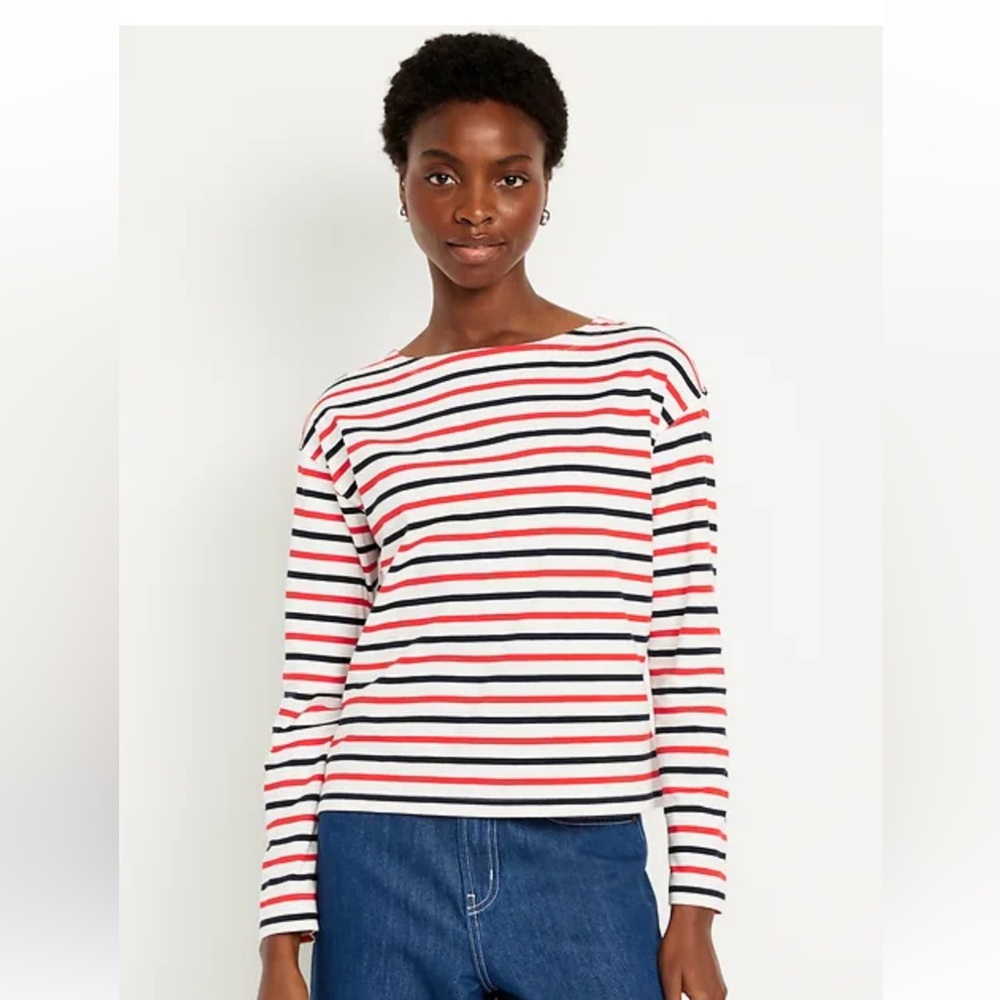 NWT OLD NAVY Women's 3X Red & Navy Striped Long-Sleeve French Boatneck Top